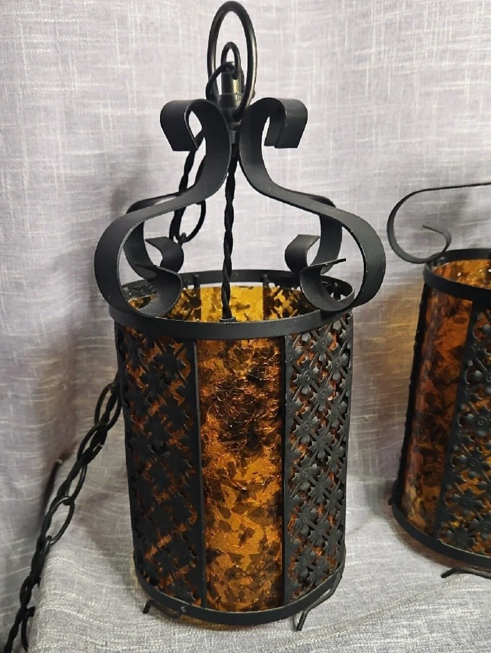 Vintage 1970s Spanish Revival Wrought Iron & Amber Acrylic Pendant Swag Lamps